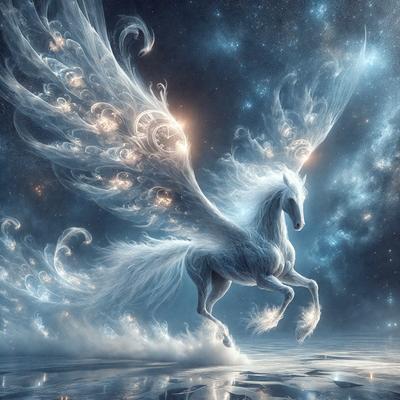 Primary subject: A white horse with a flowing mane and wings, flying through the air.

Setting/background: The horse is flying through a starry night sky, with a backdrop of twinkling stars.

Visual style: The image is a digital art or illustration, featuring a detailed and realistic representation of the horse.

Colors and mood: The dominant colors are white and blue, with the white horse and blue starry sky creating a serene and magical atmosphere.